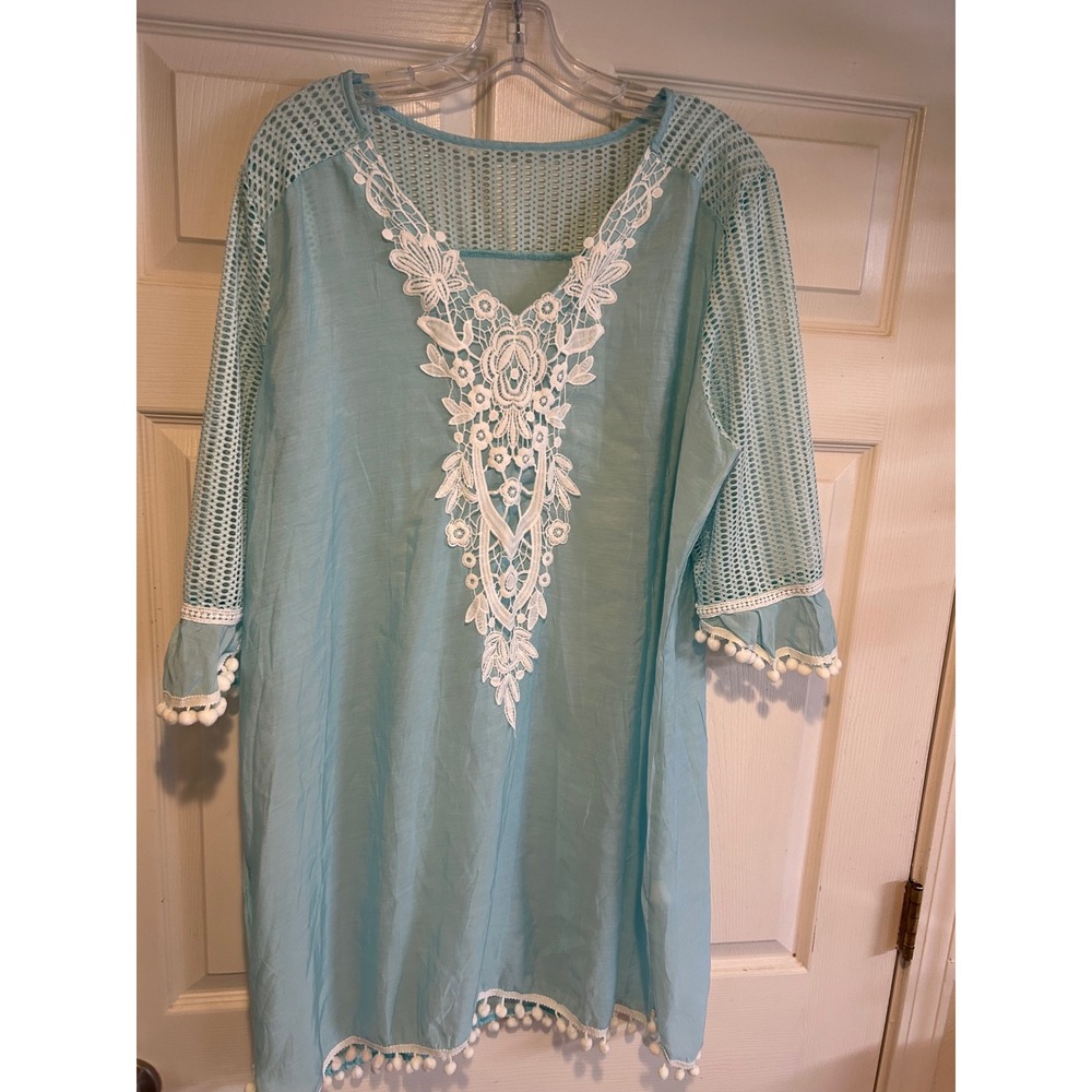 Boho vintage Light Blue Lace V-Neck Tunic Pom Pom Trim Mesh Sleeve Mini XXL